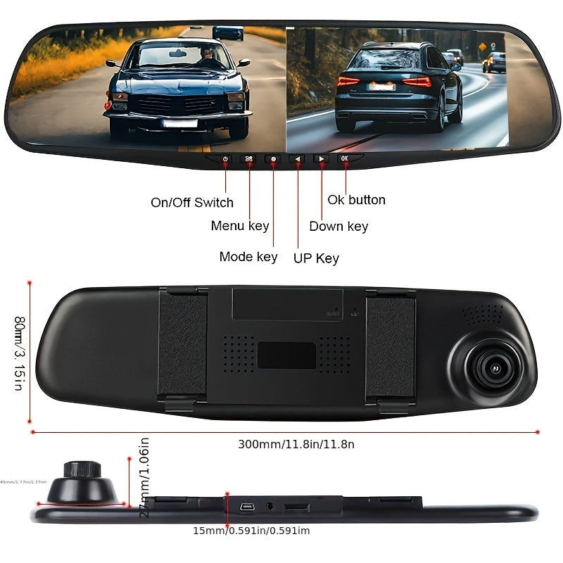 1080P Dual Front And Rear Cameras Rearview Mirror Dashcam - 4.3-inch Super Night Vision, Parking Assist, Loop Recording, 24-hour Parking Monitoring, Car Reversing Camera