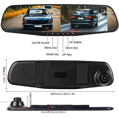 1080P Dual Front And Rear Cameras Rearview Mirror Dashcam - 4.3-inch Super Night Vision, Parking Assist, Loop Recording, 24-hour Parking Monitoring, Car Reversing Camera