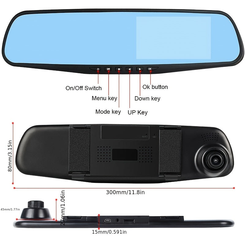 1080P Dual Front And Rear Cameras Rearview Mirror Dashcam - 4.3-inch Super Night Vision, Parking Assist, Loop Recording, 24-hour Parking Monitoring, Car Reversing Camera