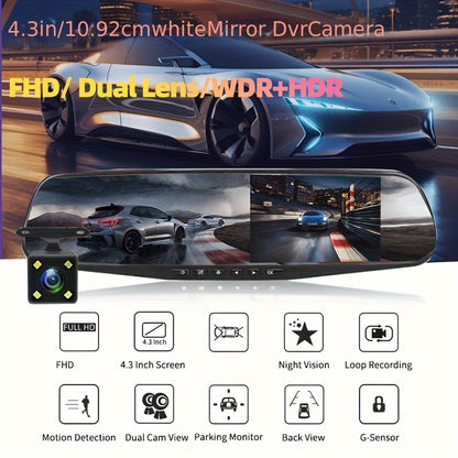 1080P Dual Front And Rear Cameras Rearview Mirror Dashcam - 4.3-inch Super Night Vision, Parking Assist, Loop Recording, 24-hour Parking Monitoring, Car Reversing Camera