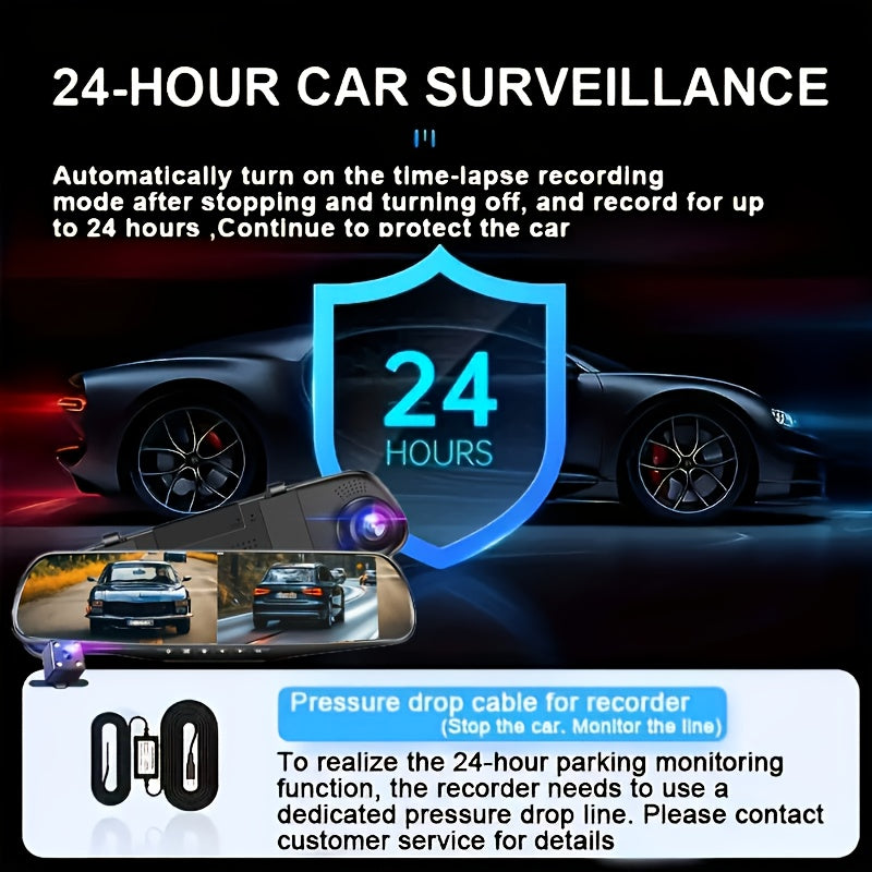 1080P Dual Front And Rear Cameras Rearview Mirror Dashcam - 4.3-inch Super Night Vision, Parking Assist, Loop Recording, 24-hour Parking Monitoring, Car Reversing Camera