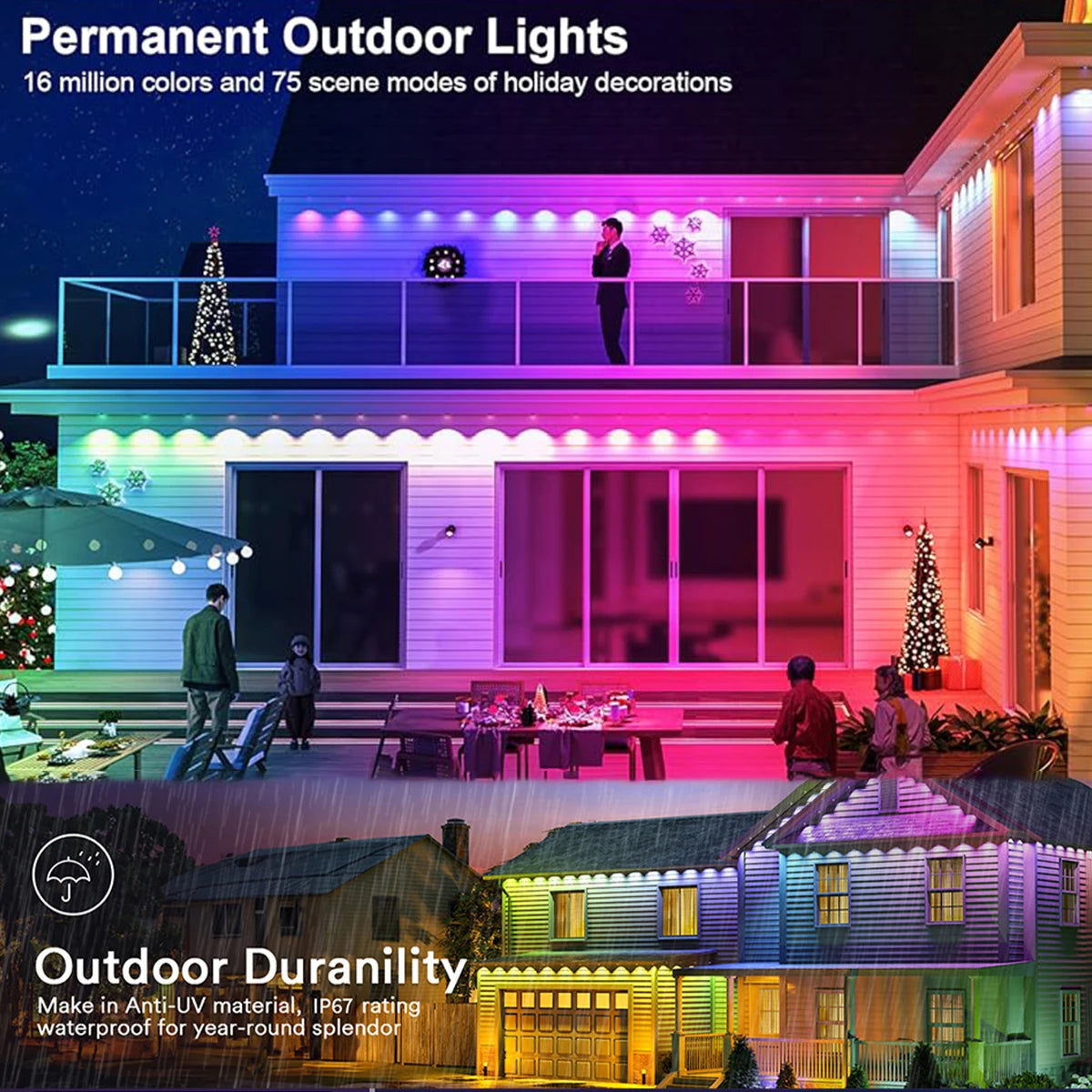 60M Smart RGB Eave Lights App & Remote IP67 Permanent Outdoor LED String Lights Home New Year Christmas Birthday DIY Lighting