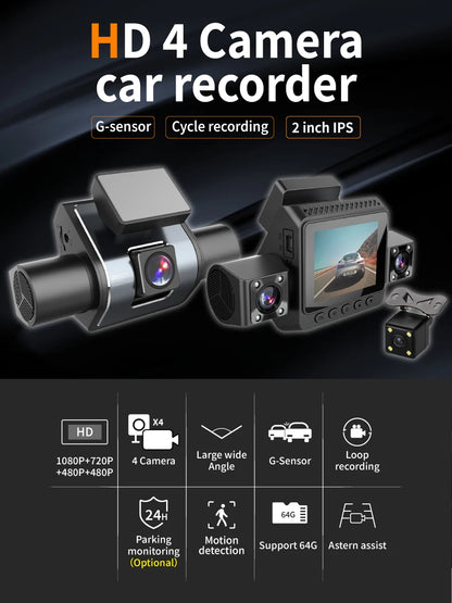 HD1080P Dashcam 2inch IPS 4channels Car Camera Night Vision Recording Auto DVR Loop Dash Recorder Vehicle Accessories