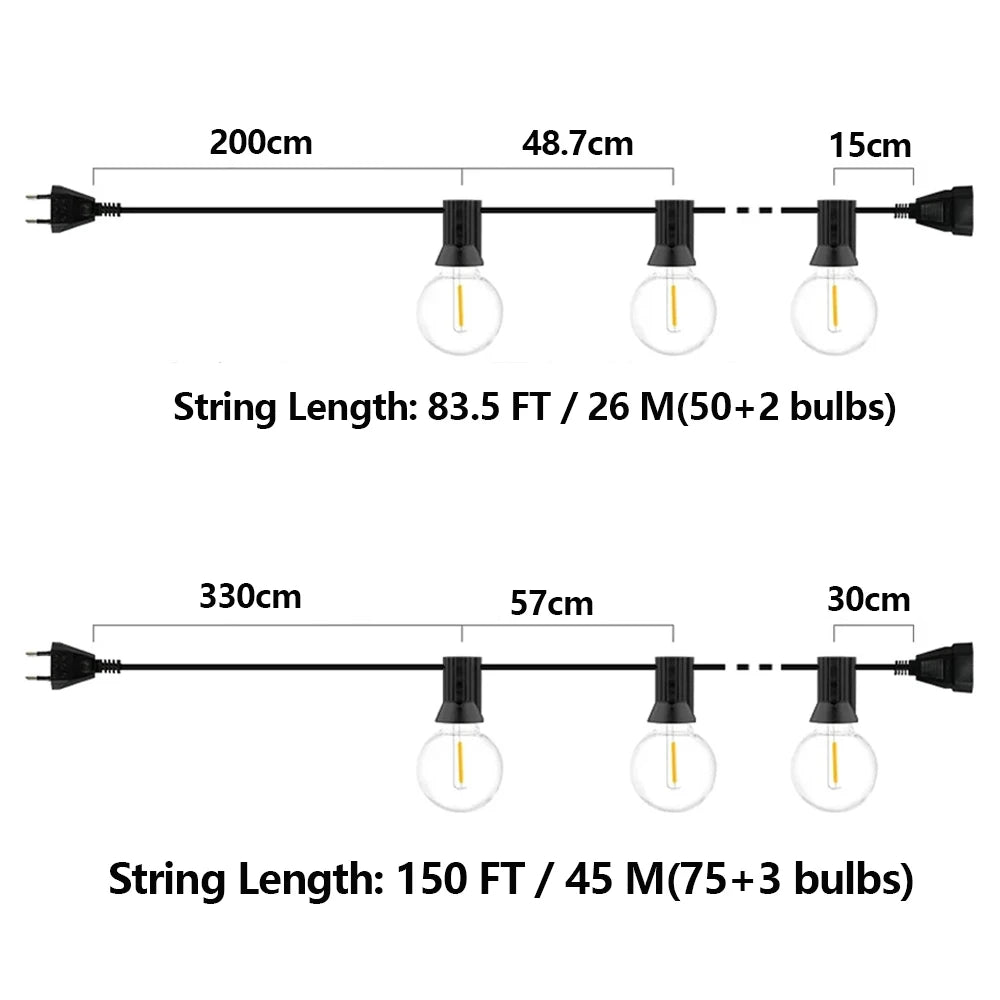 LED String Light G40 Shatterproof Light String IP44 Patio Light Outdoor Garland Light For Garden Wedding Decoration 18M 26M 45M