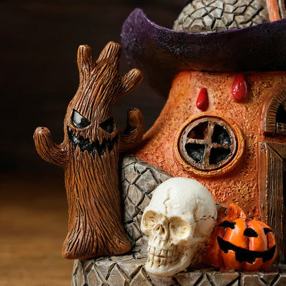 Halloween Witch Hat House Decoration with LED Lights, Pumpkin & Skull Figurines, Haunted Tree, Spooky Tabletop Holiday Ornament