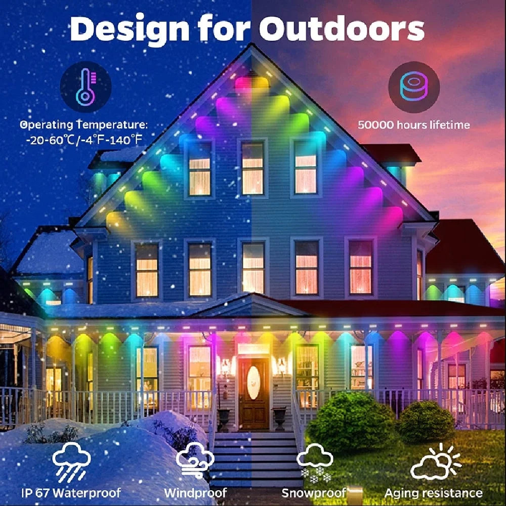Outdoor RGB Lights String IP67 Waterproof Smart LED Eaves Lights with App/Remote Control for Christmas and All Holiday Decor