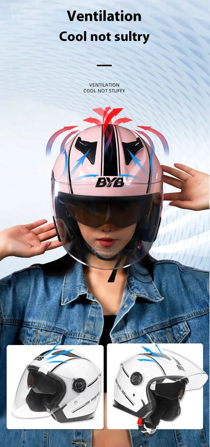 Motorcycle Open Face Helmet For Men And Women Dual Lens Sun Visor Face Shield Top Lightweight Scooter Bike Retro 3/4 Helmet