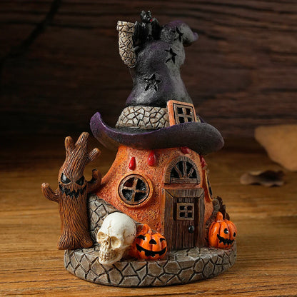 Halloween Witch Hat House Decoration with LED Lights, Pumpkin & Skull Figurines, Haunted Tree, Spooky Tabletop Holiday Ornament
