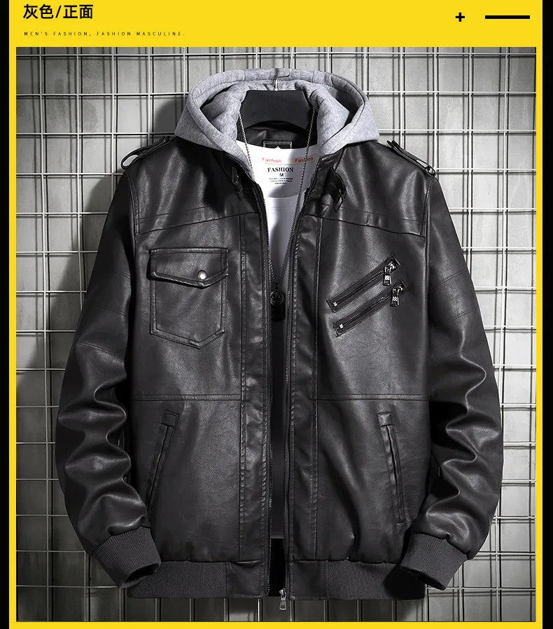 Hooded Leather Jacket Men's Jacket Winter PU Leather Coat Teenage Jackets Men's Motorcycle Leather Coat Harajuku