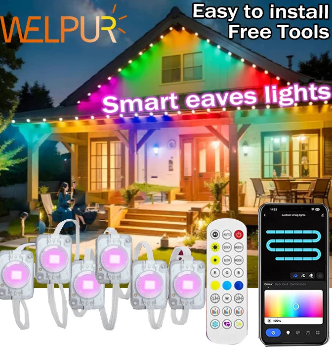 Outdoor RGB Lights String IP67 Waterproof Smart LED Eaves Lights with App/Remote Control for Christmas and All Holiday Decor