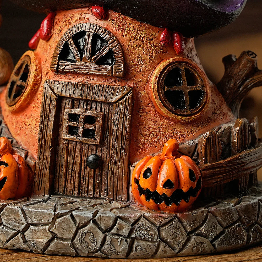 Halloween Witch Hat House Decoration with LED Lights, Pumpkin & Skull Figurines, Haunted Tree, Spooky Tabletop Holiday Ornament