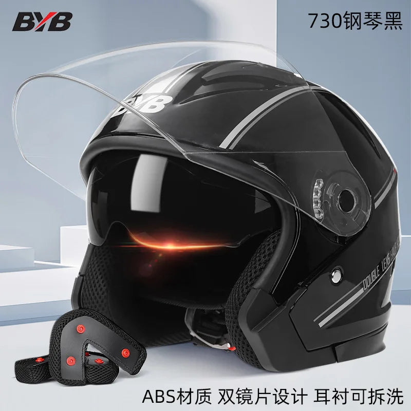 Motorcycle Open Face Helmet For Men And Women Dual Lens Sun Visor Face Shield Top Lightweight Scooter Bike Retro 3/4 Helmet