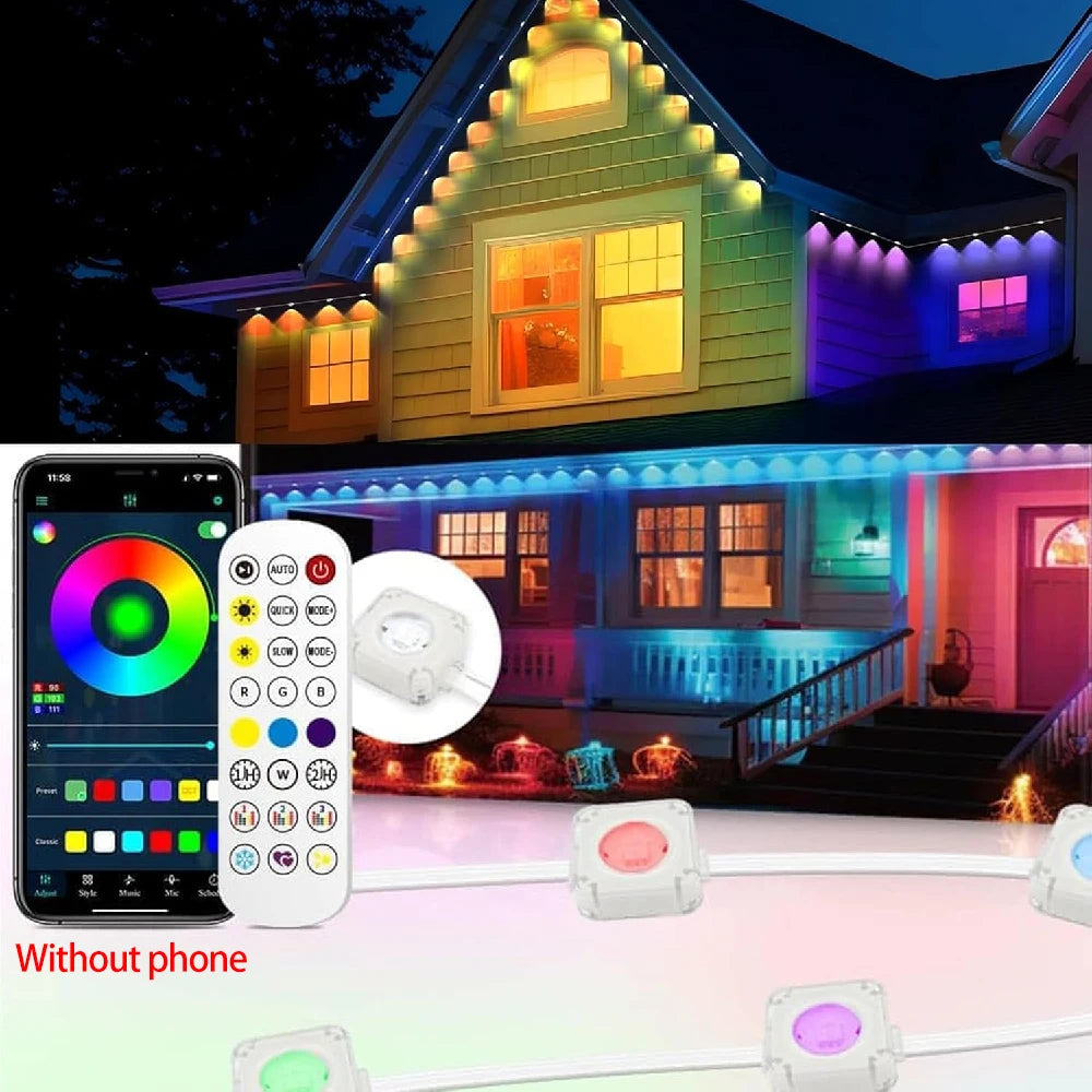 Outdoor RGB Lights String IP67 Waterproof Smart LED Eaves Lights with App/Remote Control for Christmas and All Holiday Decor