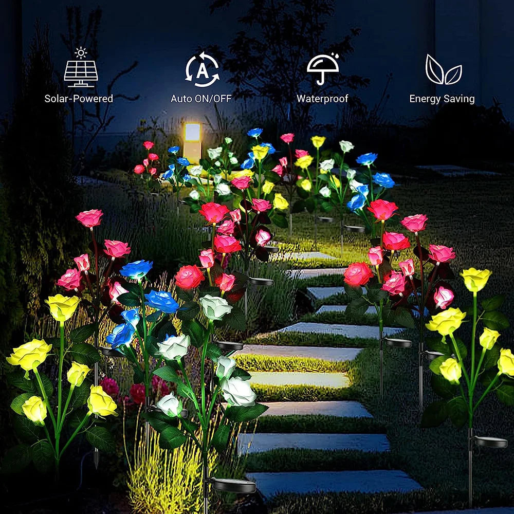 7 Heads Solar Lights Outdoor Decorative Solar Garden Lights Rose Flower Lawn Lamp for Yard Patio Garden Decor Flowers