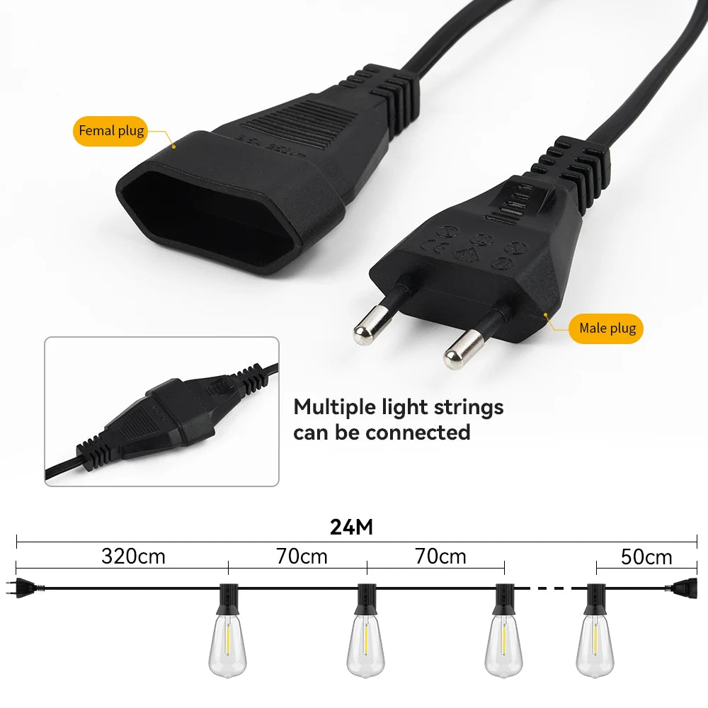ST38 LED String Light 24M/15M Festoon Outdoor Light Garden Cafe Wedding Street Fairy String Lights Wedding Christmas Decoration