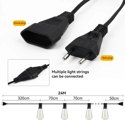ST38 LED String Light 24M/15M Festoon Outdoor Light Garden Cafe Wedding Street Fairy String Lights Wedding Christmas Decoration