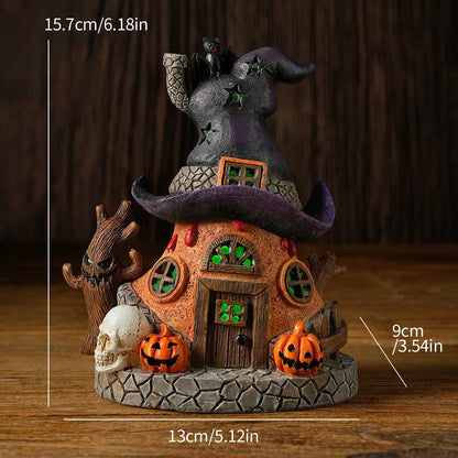 Halloween Witch Hat House Decoration with LED Lights, Pumpkin & Skull Figurines, Haunted Tree, Spooky Tabletop Holiday Ornament