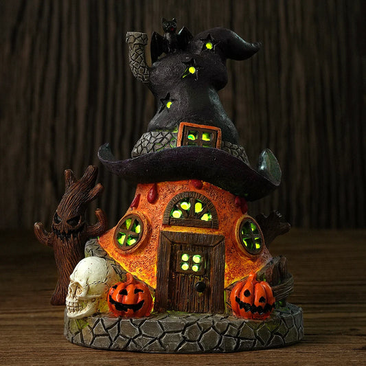 Halloween Witch Hat House Decoration with LED Lights, Pumpkin & Skull Figurines, Haunted Tree, Spooky Tabletop Holiday Ornament