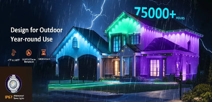 Outdoor RGB Lights String IP67 Waterproof Smart LED Eaves Lights with App/Remote Control for Christmas and All Holiday Decor