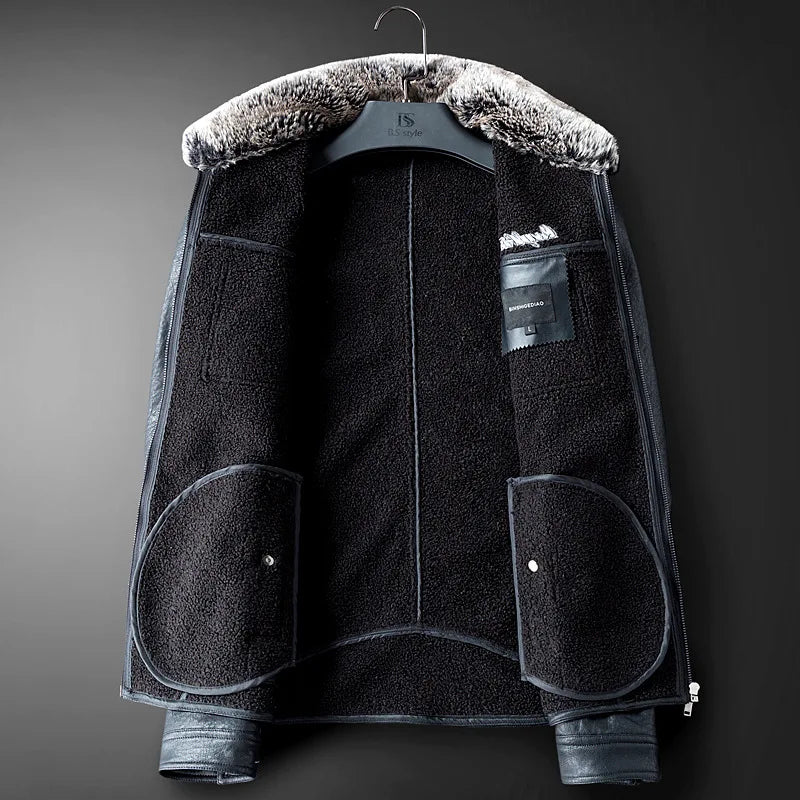 High Quality Luxury Mens Leather Jacket Plush Real Fur Coat Jackets Handsome Fashionable Young Man Winter Genuine Leather Coat