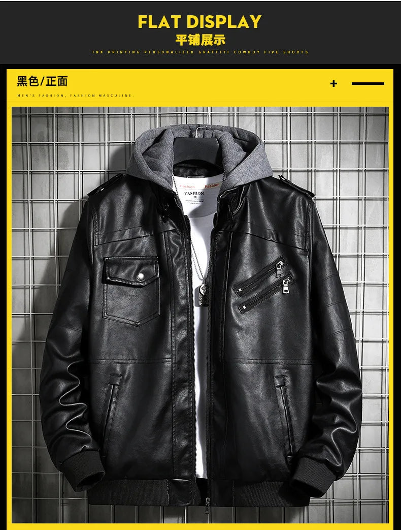 Hooded Leather Jacket Men's Jacket Winter PU Leather Coat Teenage Jackets Men's Motorcycle Leather Coat Harajuku