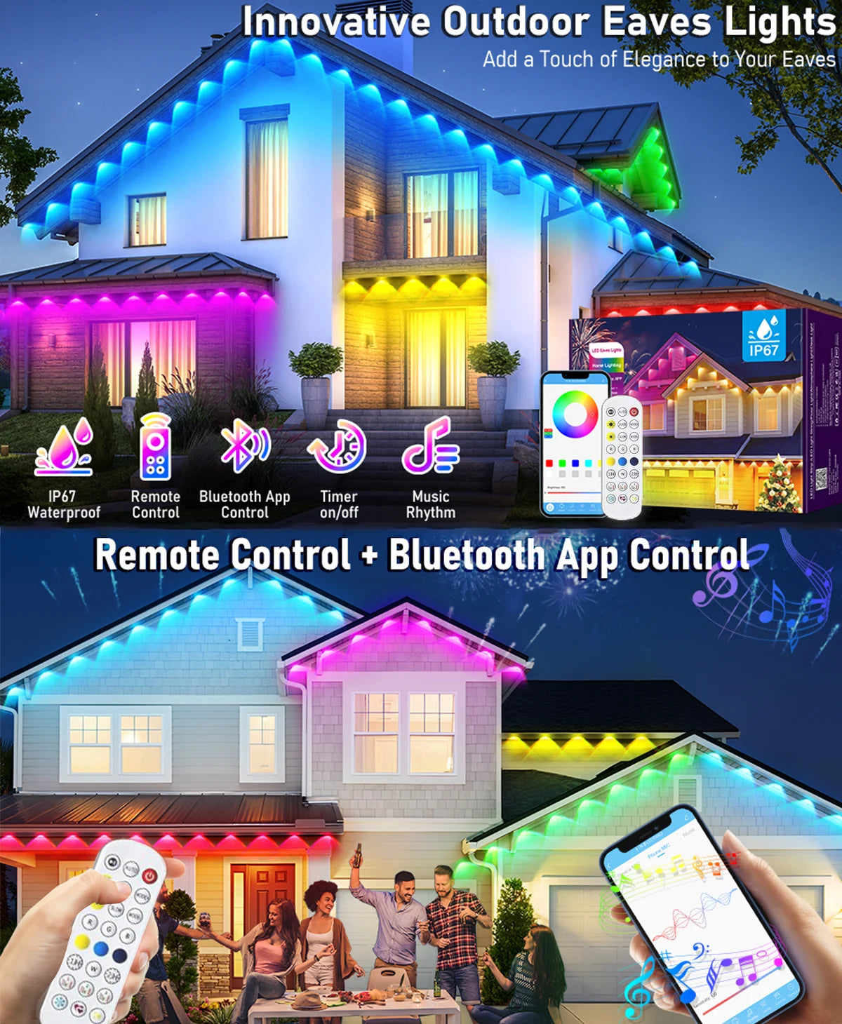 60M Smart RGB Eave Lights App & Remote IP67 Permanent Outdoor LED String Lights Home New Year Christmas Birthday DIY Lighting