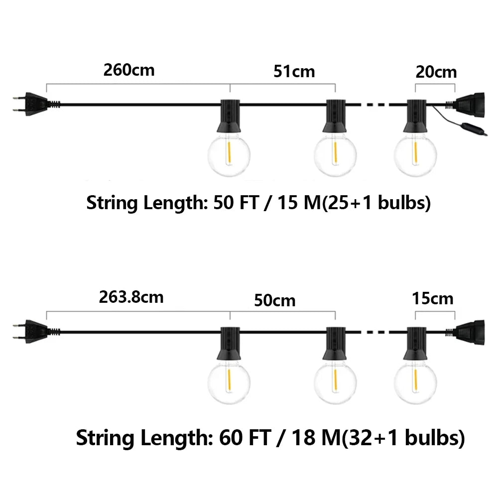 LED String Light G40 Shatterproof Light String IP44 Patio Light Outdoor Garland Light For Garden Wedding Decoration 18M 26M 45M