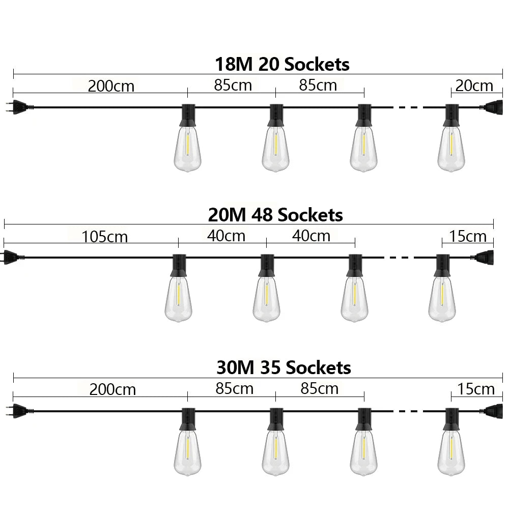 ST38 LED String Light 24M/15M Festoon Outdoor Light Garden Cafe Wedding Street Fairy String Lights Wedding Christmas Decoration