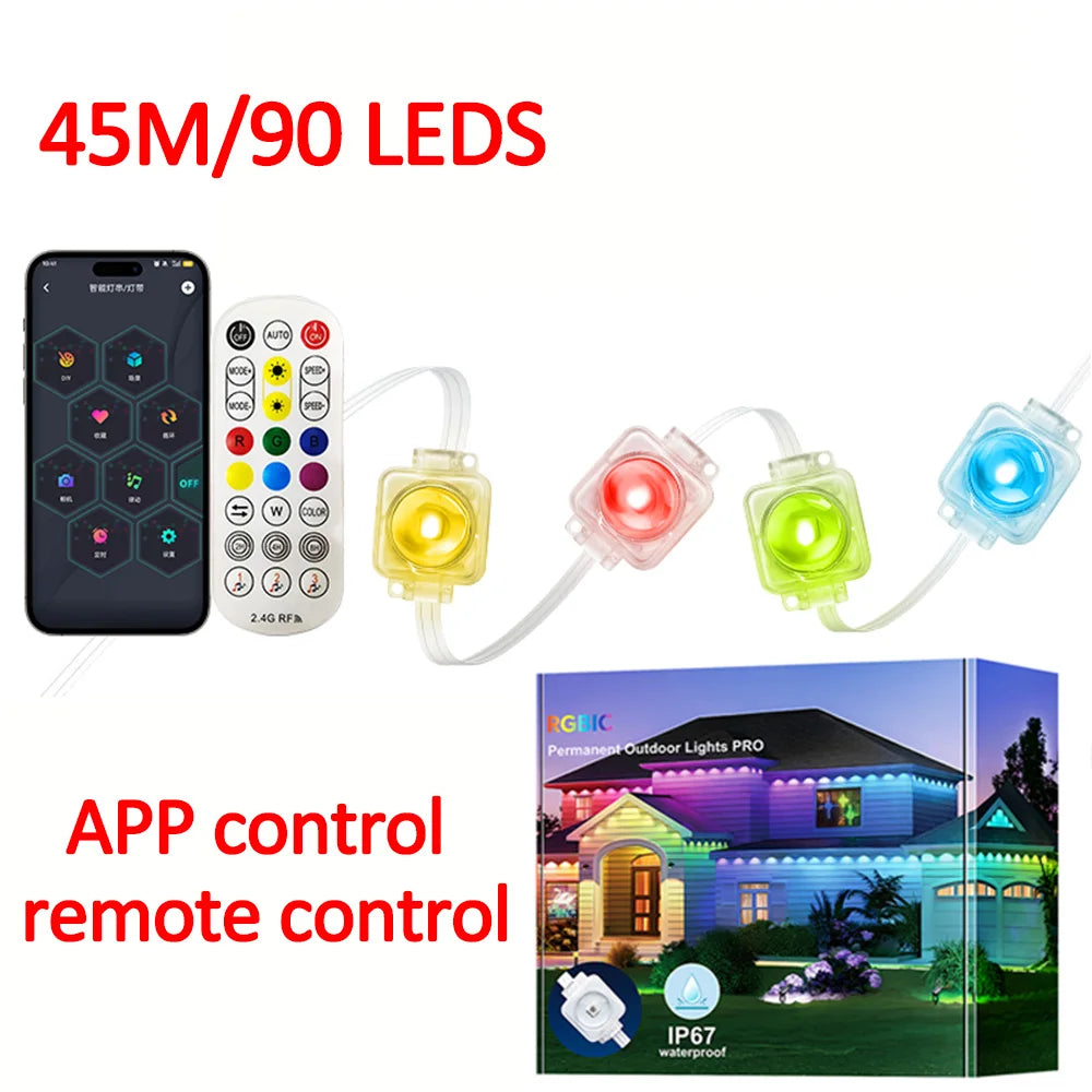 45M 90Leds Permanent Outdoor Eaves LED Lights Waterproof RGB String Lights DIY Scene Christmas Birthday Holiday Party Lighting