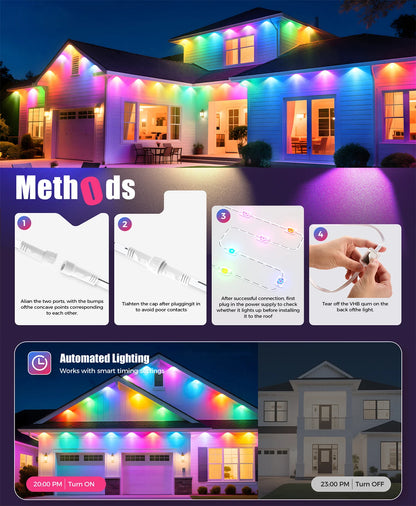 60M Smart RGB Eave Lights App & Remote IP67 Permanent Outdoor LED String Lights Home New Year Christmas Birthday DIY Lighting