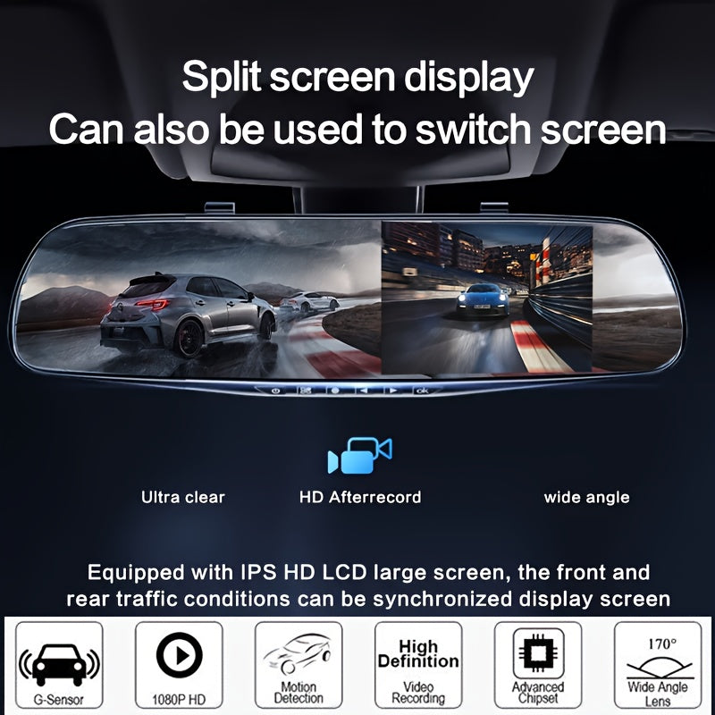 1080P Dual Front And Rear Cameras Rearview Mirror Dashcam - 4.3-inch Super Night Vision, Parking Assist, Loop Recording, 24-hour Parking Monitoring, Car Reversing Camera