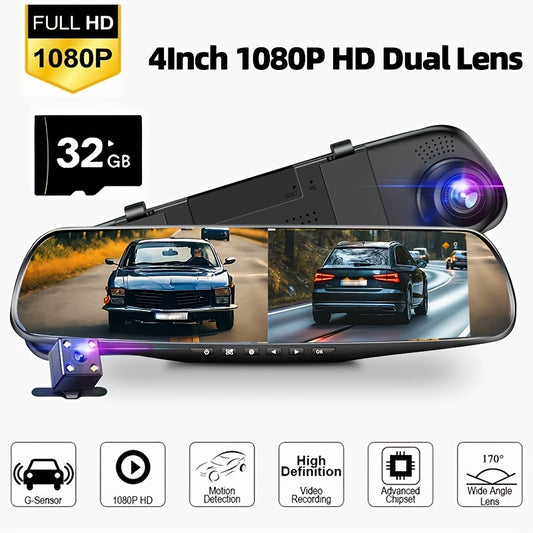 1080P Dual Front And Rear Cameras Rearview Mirror Dashcam - 4.3-inch Super Night Vision, Parking Assist, Loop Recording, 24-hour Parking Monitoring, Car Reversing Camera