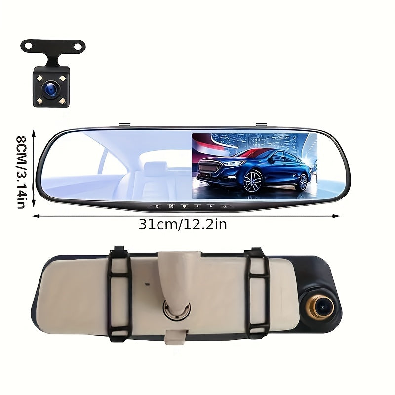 1080P Dual Front And Rear Cameras Rearview Mirror Dashcam - 4.3-inch Super Night Vision, Parking Assist, Loop Recording, 24-hour Parking Monitoring, Car Reversing Camera